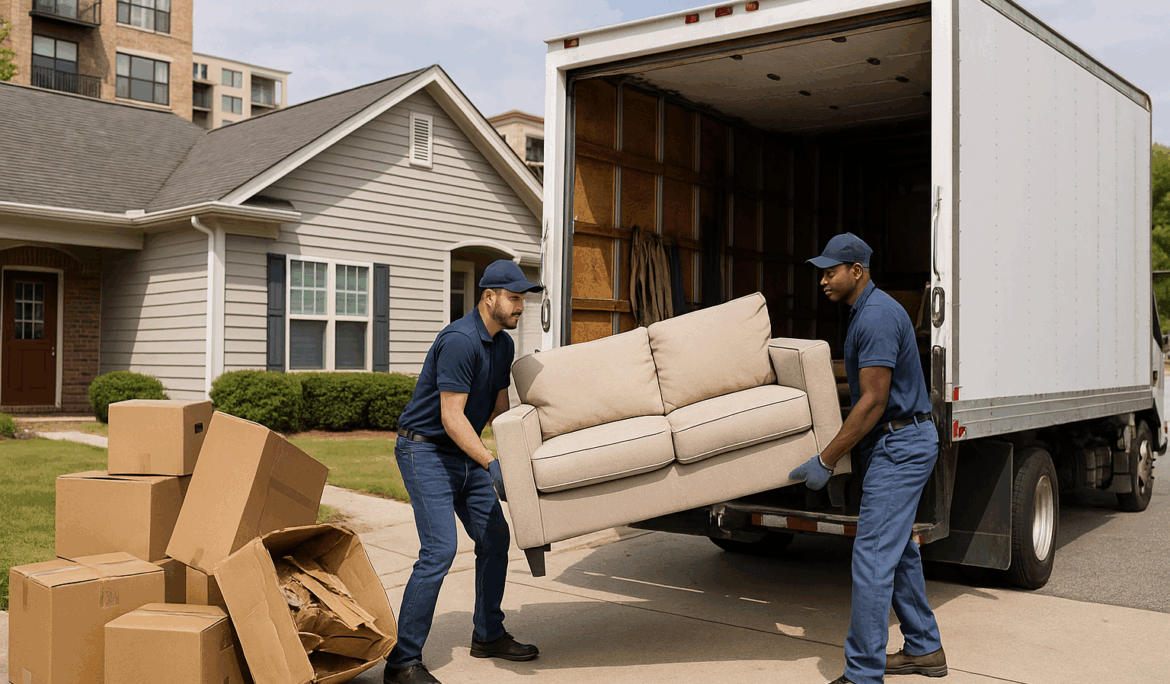 Two crew members loading a sofa into a box truck